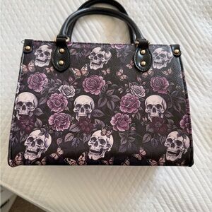 Black Satchel with Purple Skull & Rose Print - Women